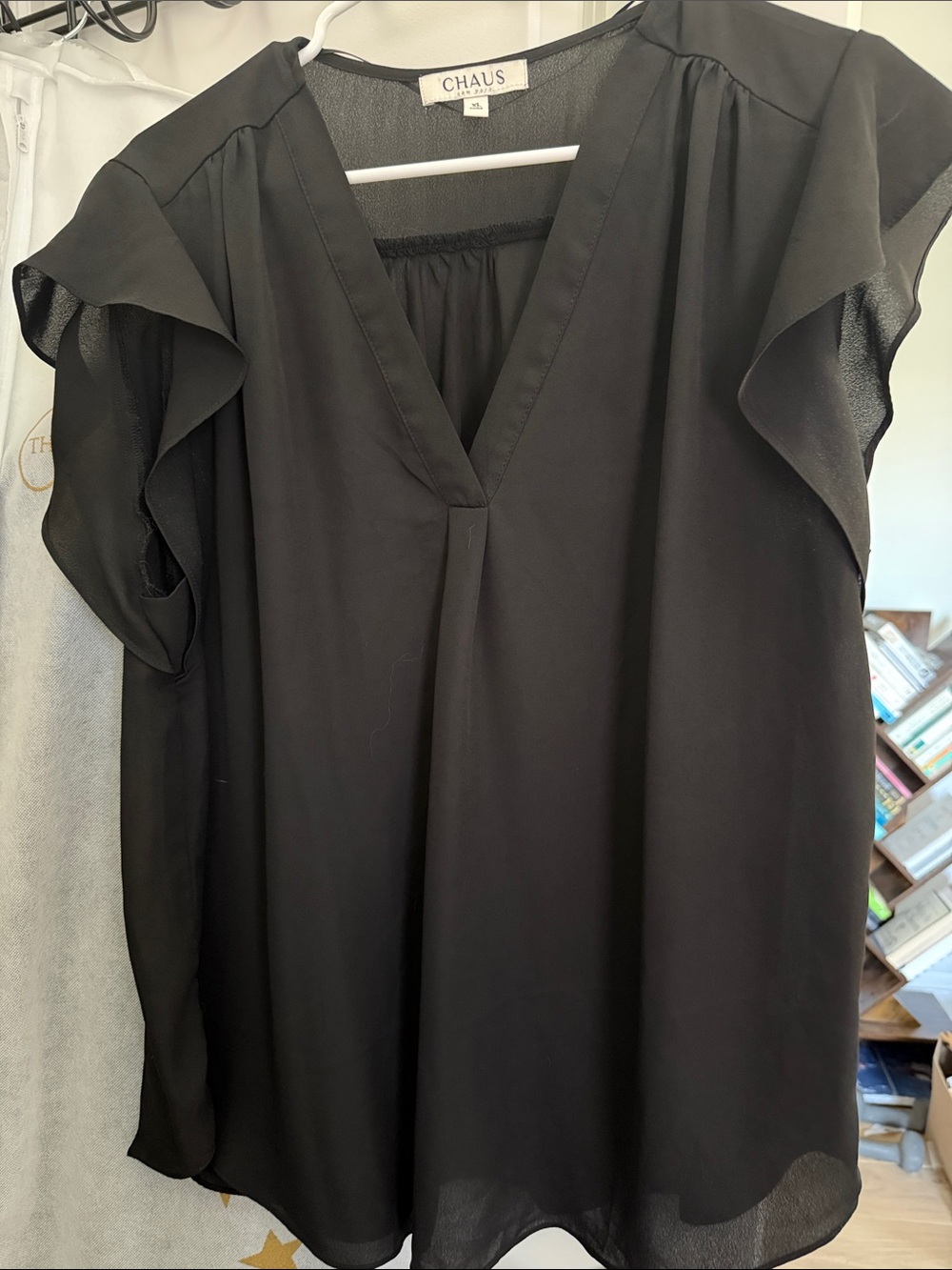 Chaus Black V-Neck Flutter Sleeve Blouse